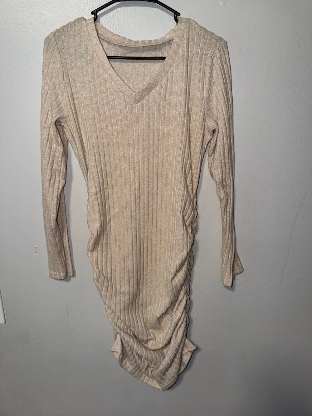 Beige Ribbed Knit Bodycon Midi Dress Long Sleeve V-Neck Ruched Side